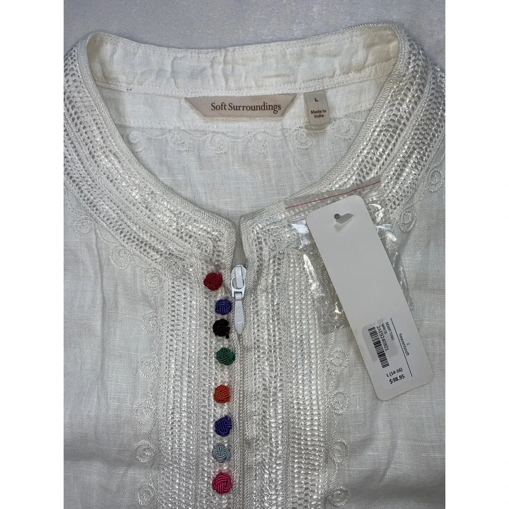 Soft Surroundings Linen Desert Tunic Top Embroidered Colorful Buttons India Sz L - Picture 3 of 8